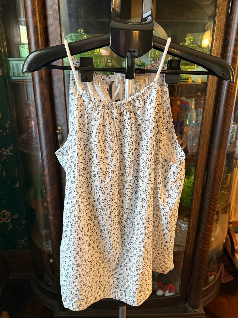 LOFT White Floral Halter Camisole with Navy Ditsy Print